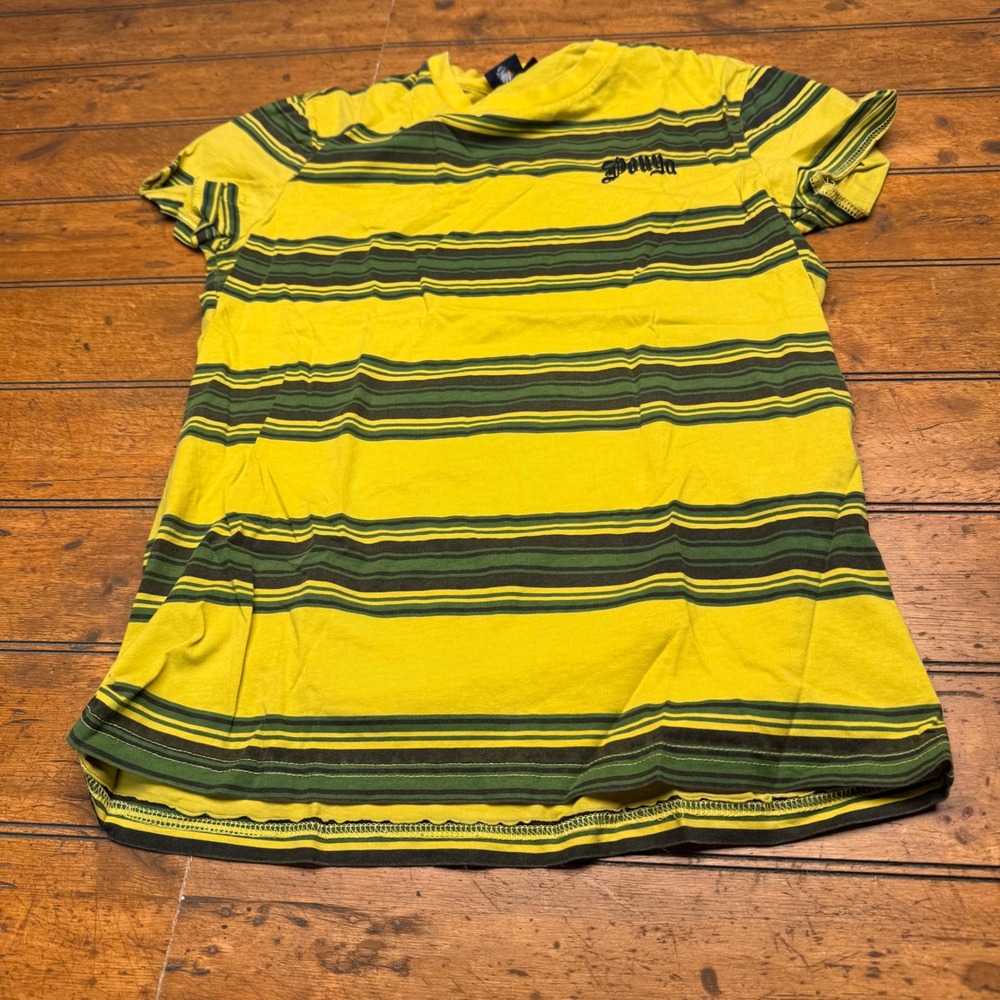 Pouya Striped T-Shirt Yellow Green Black Embroidered Logo Streetwear Mens Medium